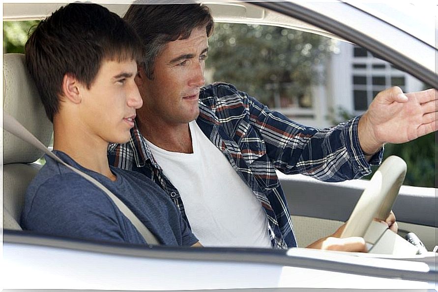 A father teaching his son to drive.