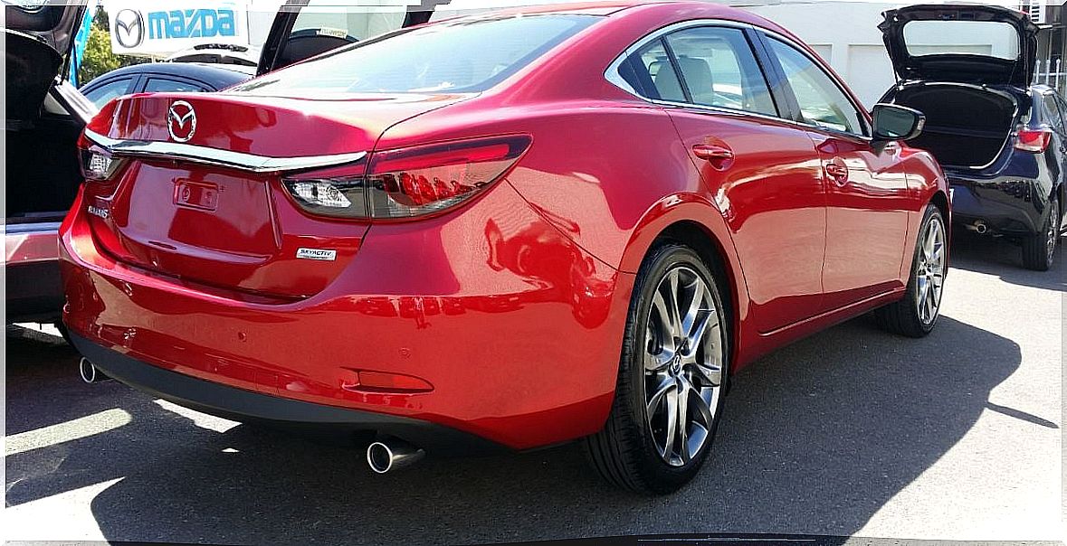 Rear view of the new red Mazda 6